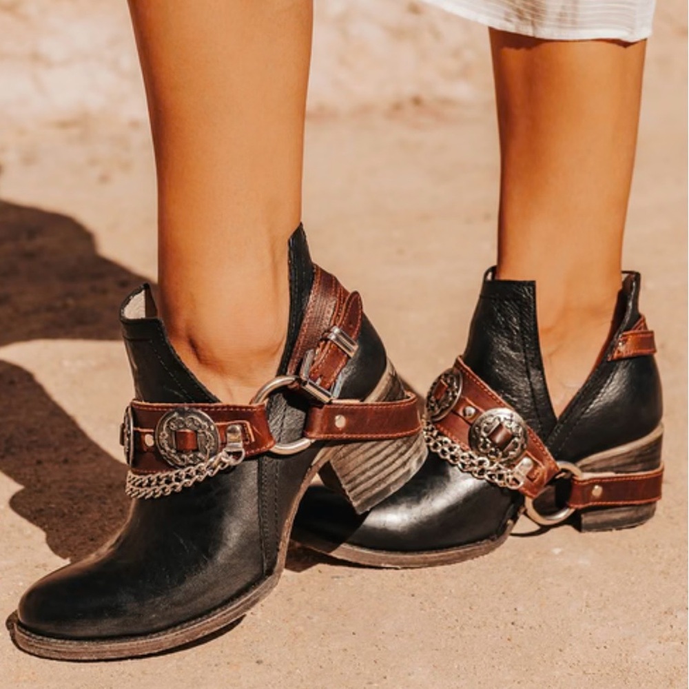 Freebird Black and Brown Ankle Boots with Buckle Detail
